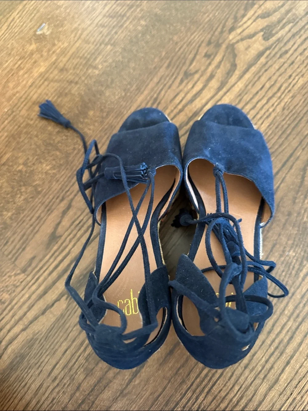 CAbi Navy Suede Espadrille Wedge with Patterned Platform